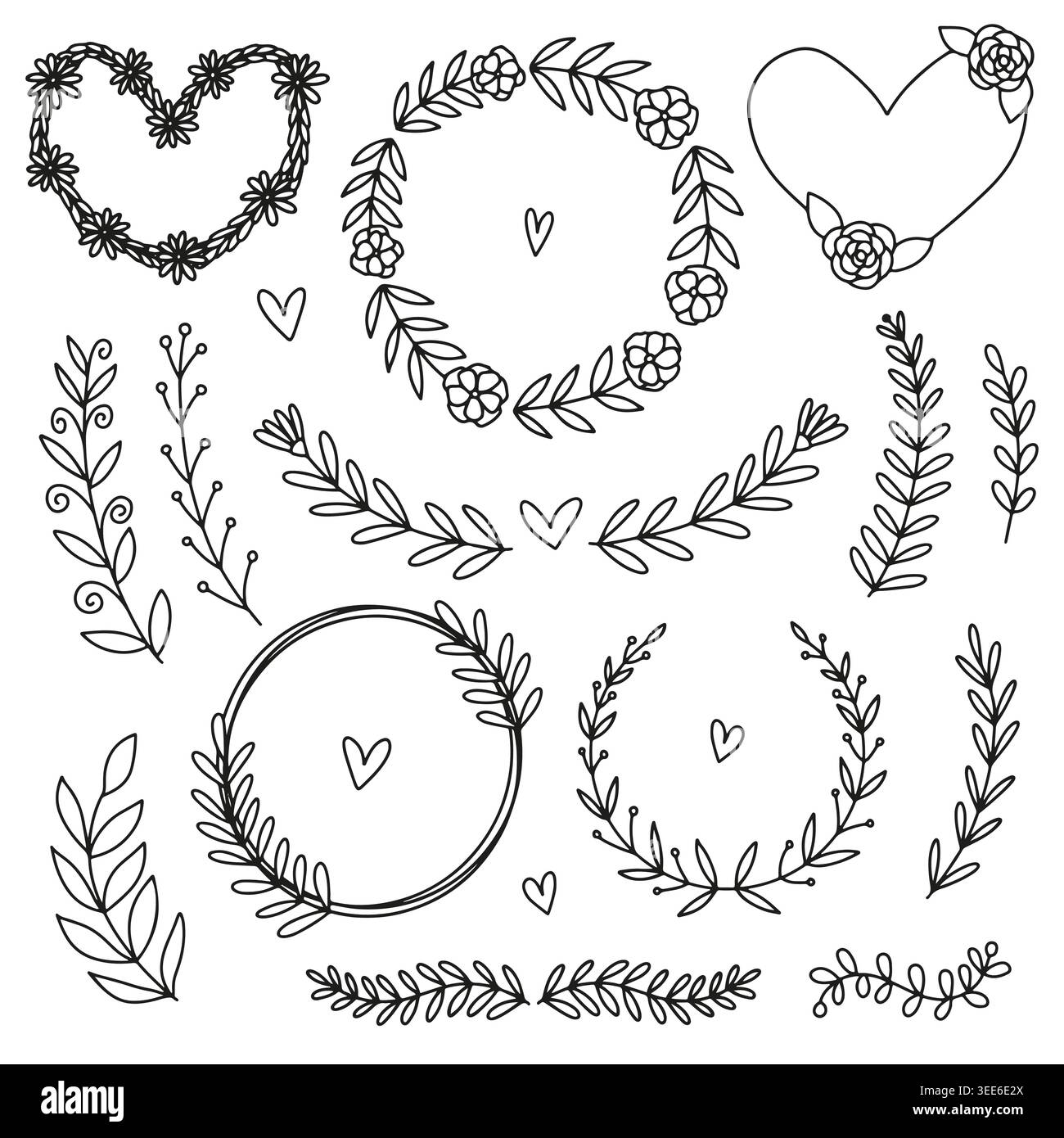 genres de couronne de fleurs et branches de feuilles ensemble Illustration de Vecteur