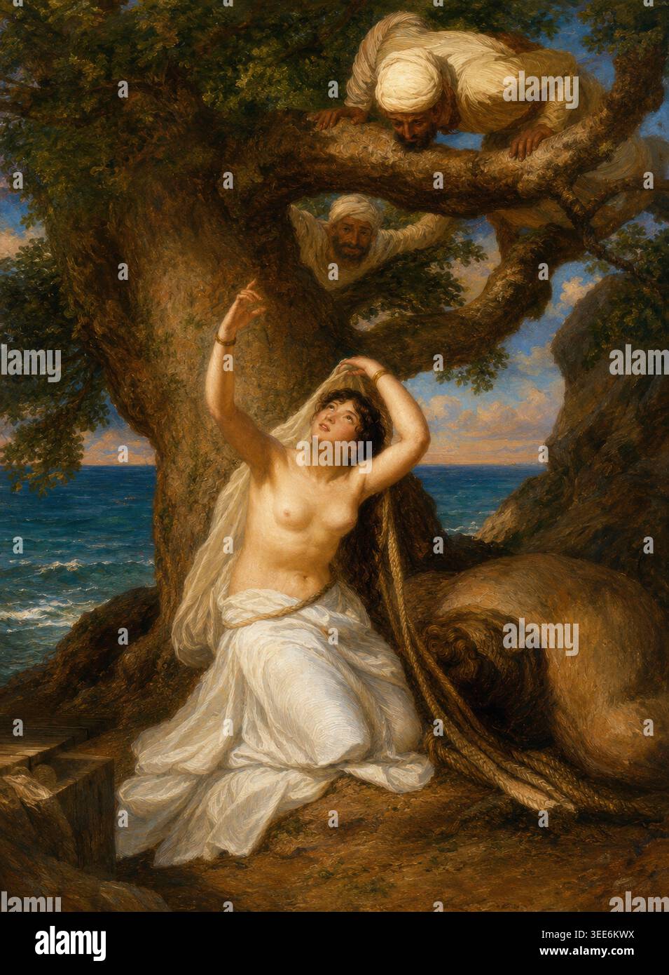 Scène des mille et une nuits ou nuits arabes, de l'histoire de la Dame du cas de verre., restaurée numériquement à partir d'une illustration vintage Banque D'Images