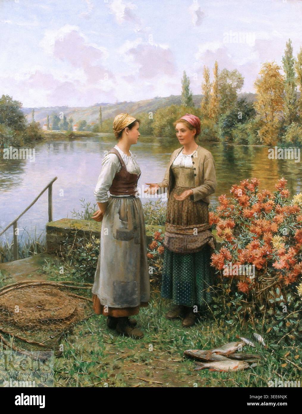 Deux jeunes femmes avec une prise de poisson, The Day's Catch, d'après une peinture de Daniel Ridgway Knight, 1899, XIXe siècle, illustration vintage Banque D'Images