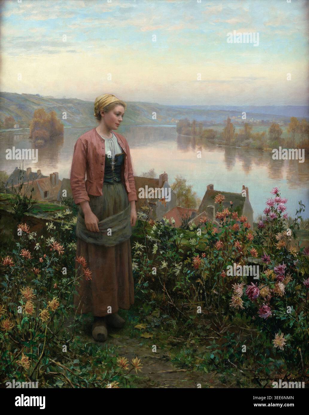 Maria sur la terrasse, 1896, d'après la peinture de Daniel Ridgway Knight, 1899, XIXe siècle, illustration vintage Banque D'Images