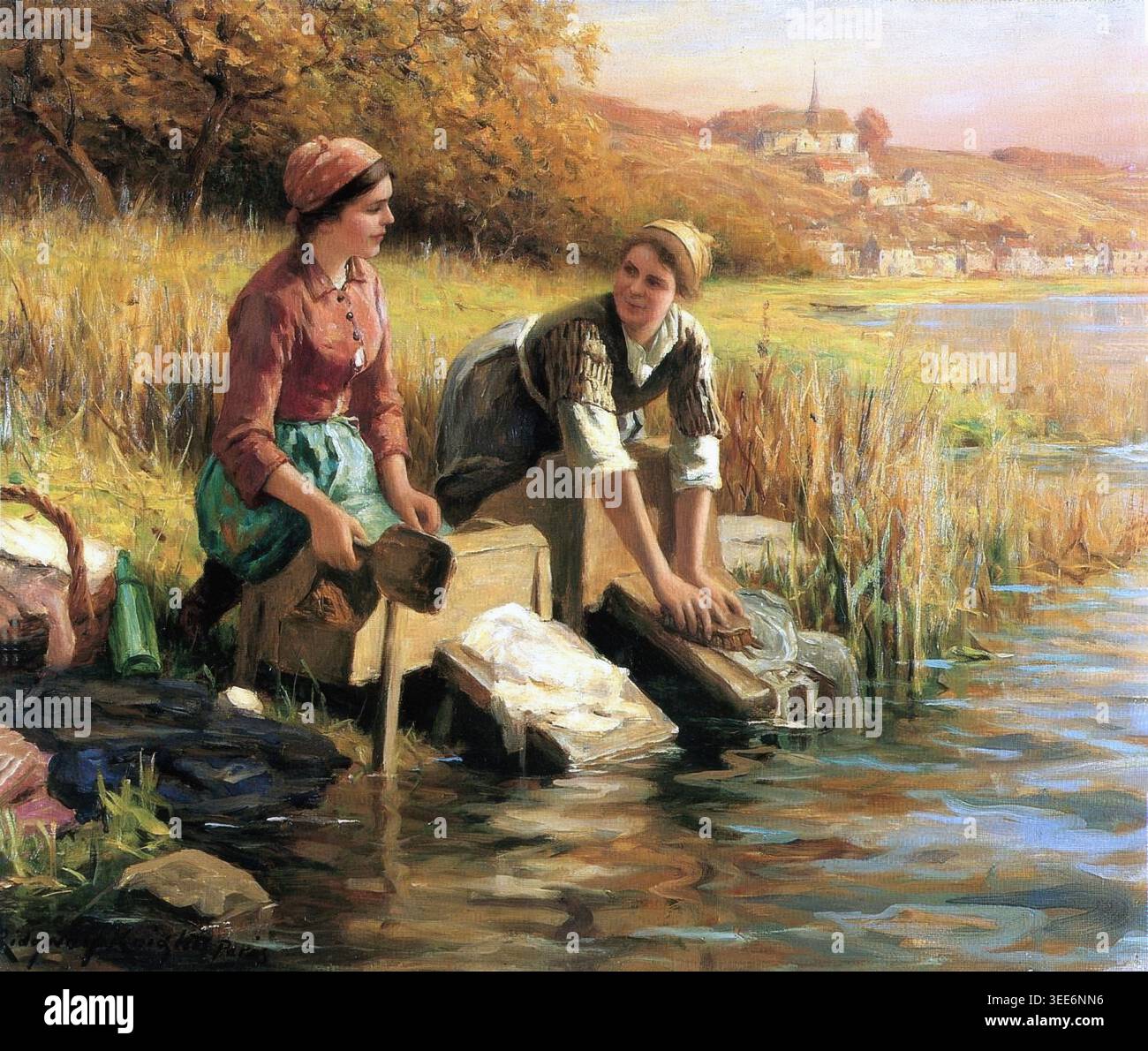 Femmes lavant des vêtements par un ruisseau, 1898 d'après la peinture de Daniel Ridgway Knight, 1899, 19ème siècle, illustration vintage Banque D'Images