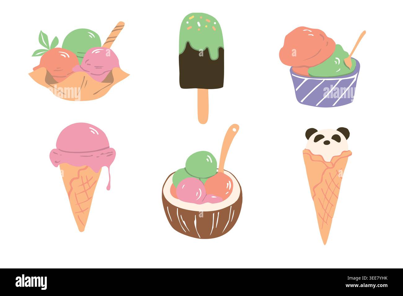 Mignon pastel collection de crème glacée ensemble avec popsicles et cônes style dessiné à la main Illustration de Vecteur