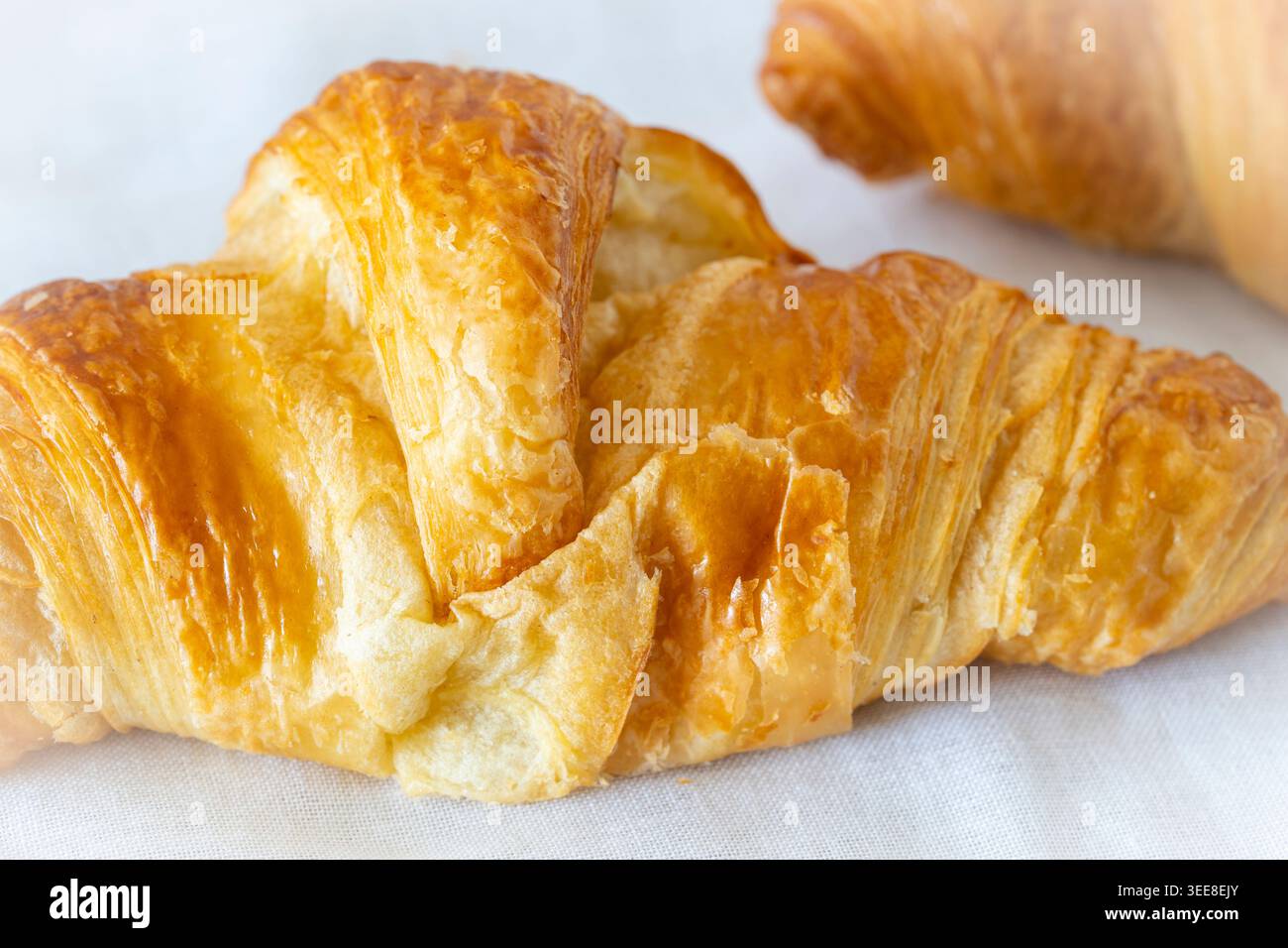 Une paire de croissants sur fond blanc. Pâtisserie française feuilletée (viennoiserie) avec une forme de croissant créée par laminage - plier la pâte et le beurre Banque D'Images