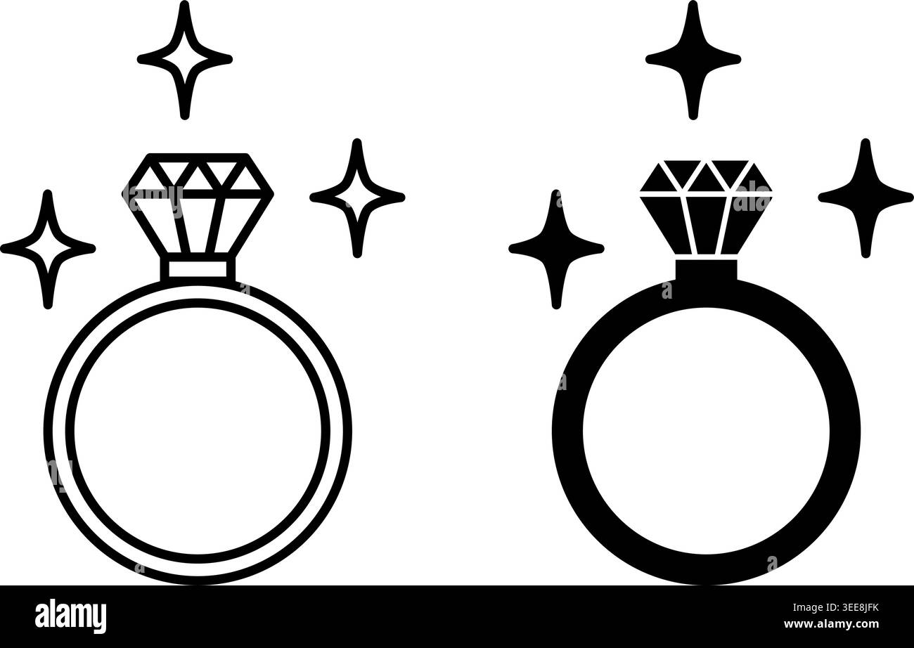 Icônes de bijoux. Illustration vectorielle en noir et blanc. Bague diamant. Accessoire, élément de décoration. Concept de mode Illustration de Vecteur