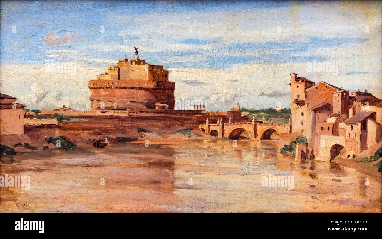 Castel Sant Angelo et le Tibre, Rome. Jean Baptiste Camille Corot Banque D'Images