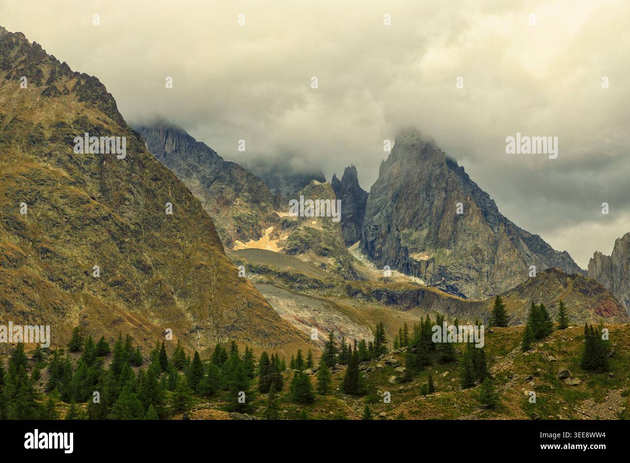 Refuge Elisabetta, Italie - 13.09.2025 : une vue spectaculaire de pics de granit dentelés s'élevant au-dessus des conifères sous un ciel couvert. Banque D'Images