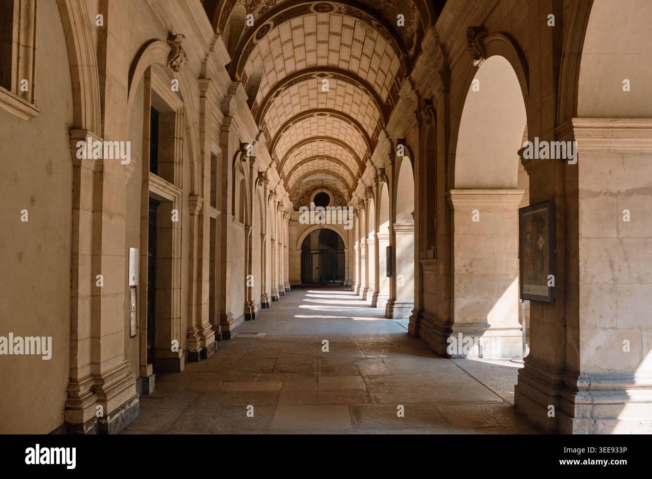Lyon, France - 12 mai 2026 : couloir voûté du Musée des Beaux-Arts avec plafond voûté et architecture Renaissance classique. Banque D'Images