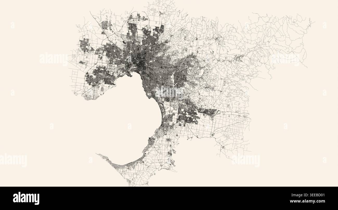 Plan des rues de Melbourne, Australie, en noir et beige clair. Carte routière minimaliste haute résolution ou plan urbain de Melbourne. Banque D'Images
