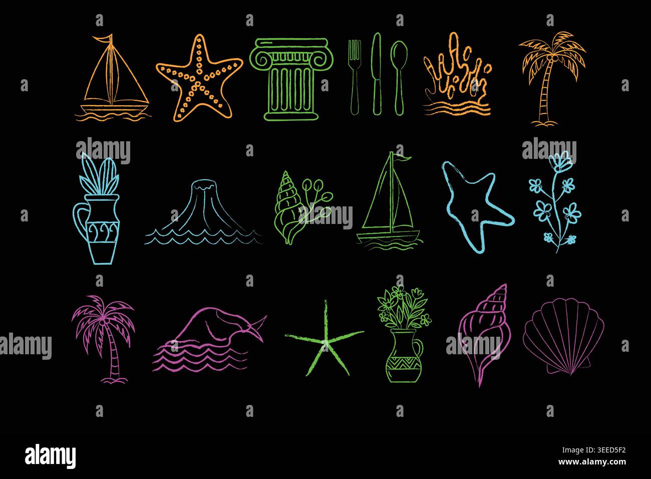 Icônes vibrantes d'art de ligne de néon d'éléments de plage et de mer en différentes couleurs sur fond noir Illustration de Vecteur