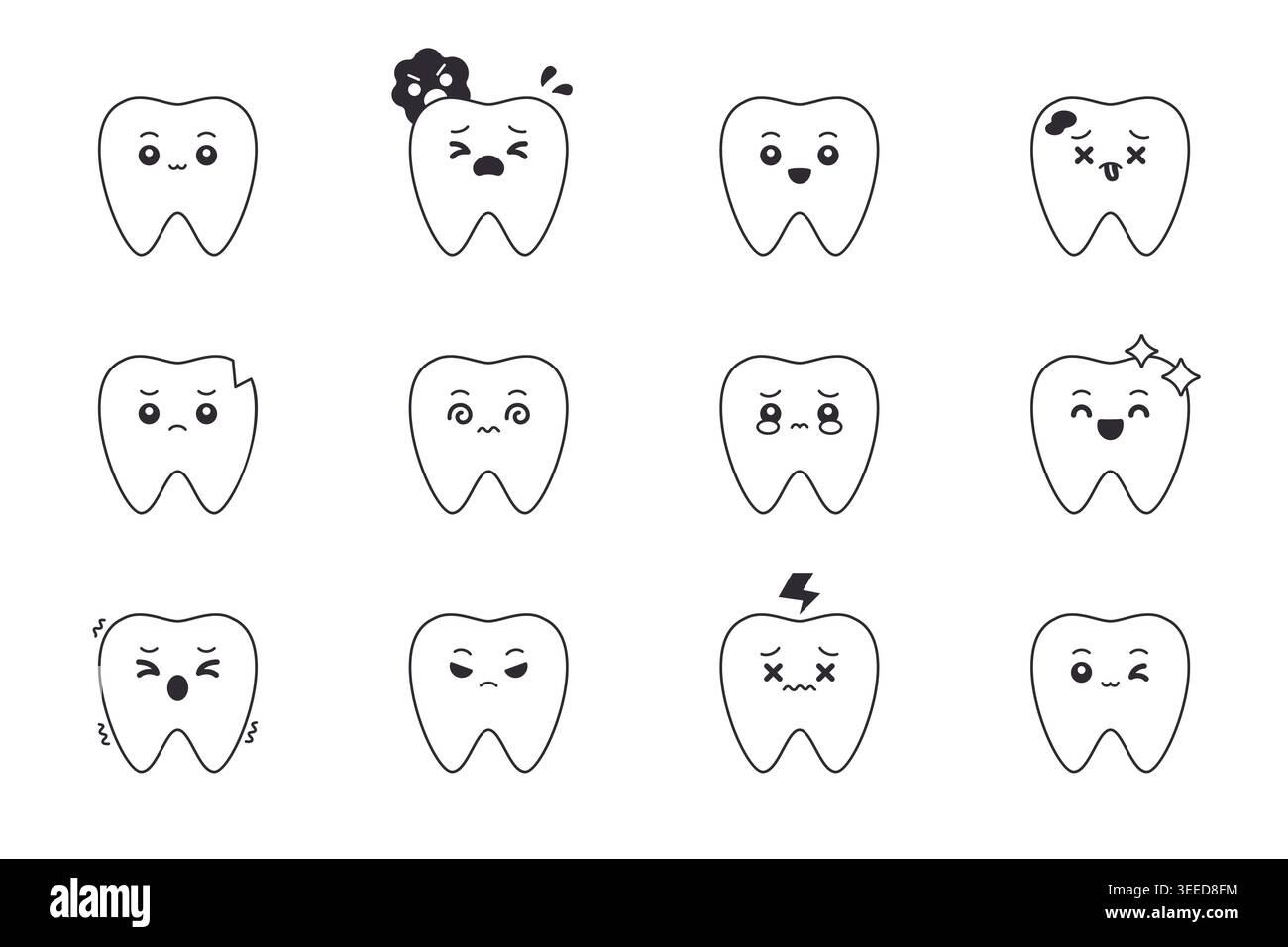 Ensemble d'icônes d'art de ligne de contour de caractère de dent de dessin animé mignon avec diverses expressions sur l'illustration vectorielle de fond blanc Illustration de Vecteur