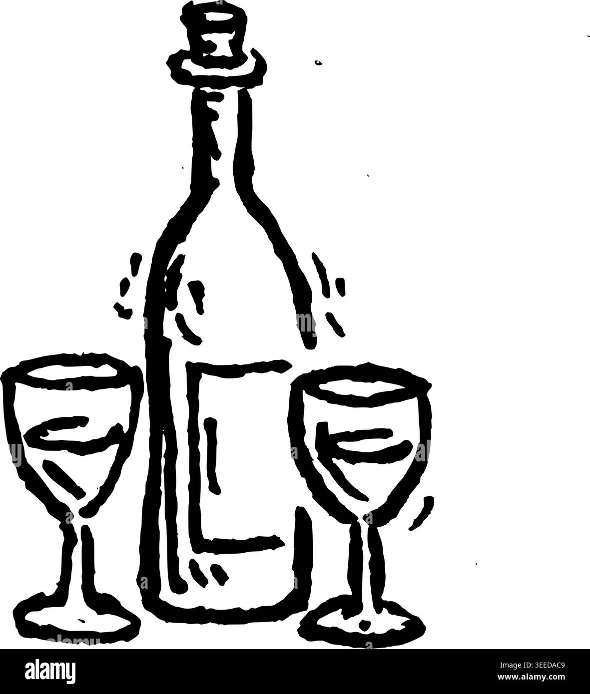 Bouteille de vin dessinée à la main et verres dessin vectoriel Illustration de Vecteur