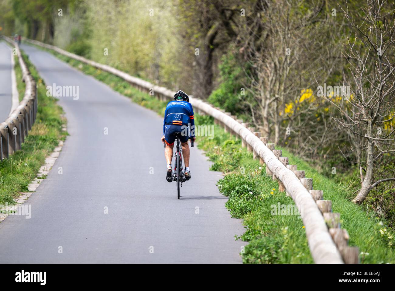Un cycliste de loisirs solitaire sur le chemin de halage le long du canal Gand-Bruges à Knesselare, une partie d'Aalter en Flandre orientale. Les chemins de halage de canal sont largement utilisés Banque D'Images