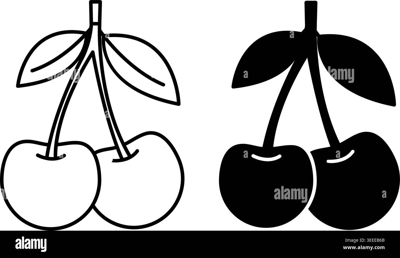 Icônes de cerise. Icônes vectorielles noir et blanc. Deux baies mûres. Aliments naturels et biologiques. Dessert sucré. Concept de fruit Illustration de Vecteur