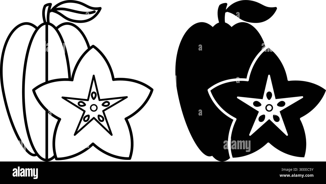 Icônes de carambole. Icônes vectorielles noir et blanc. Plante exotique. Aliments naturels et biologiques. Dessert sucré. Concept de fruit Illustration de Vecteur