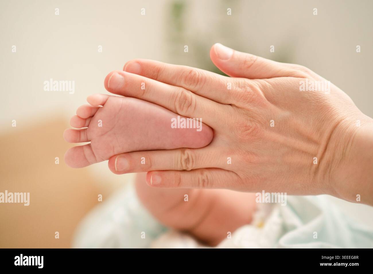 Gros plan des orteils délicats du nouveau-né doucement bercés dans une main adulte, illustrant la tendresse, l'amour et les soins qui entourent une nouvelle vie dès le début. Banque D'Images