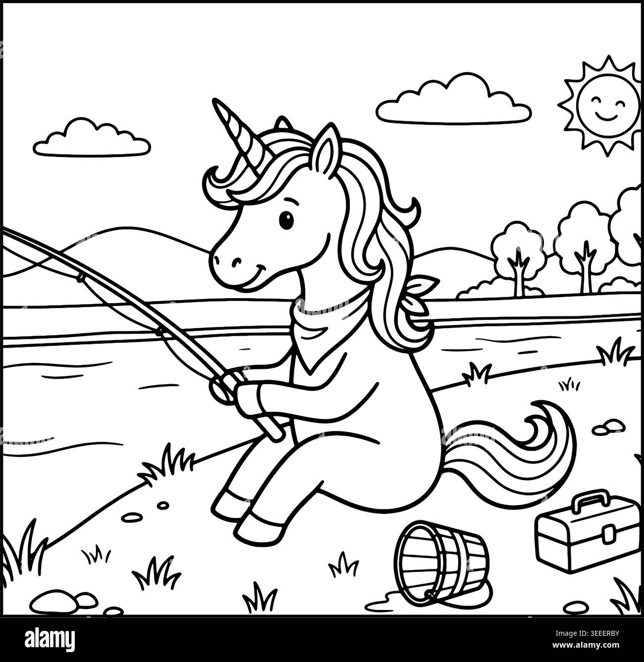 Coloriage d'une pêche licorne sur la feuille de coloration anti-stress au bord du lac avec de hauts détails isolés sur fond blanc, illustration. Illustration de Vecteur