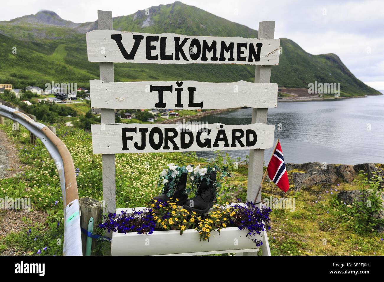 Panneau d'entrée du petit village de pêcheurs de Fjordgard, inscription bienvenue, littoral sur le fjord, été, Fjordgard, Troms, Norvège Banque D'Images