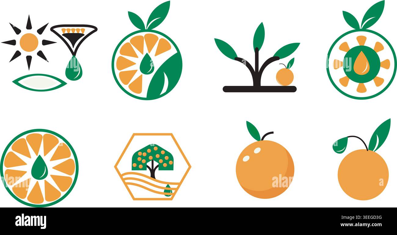 Icônes de culture orange avec des éléments de jus écologiques Illustration de Vecteur