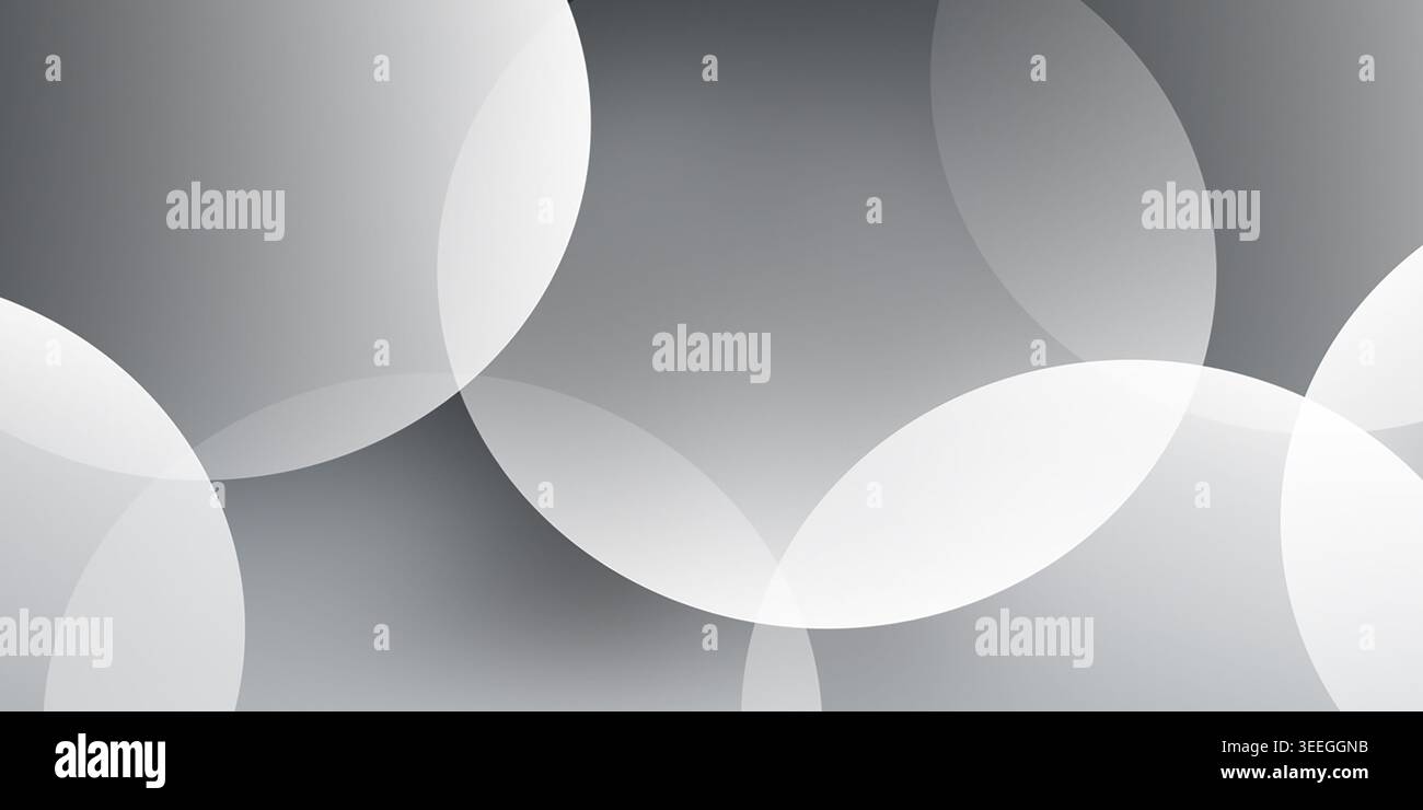 Un arrière-plan abstrait moderne avec plusieurs cercles qui se chevauchent avec différents niveaux de transparence, créant un effet doux et superposé en niveaux de gris Banque D'Images