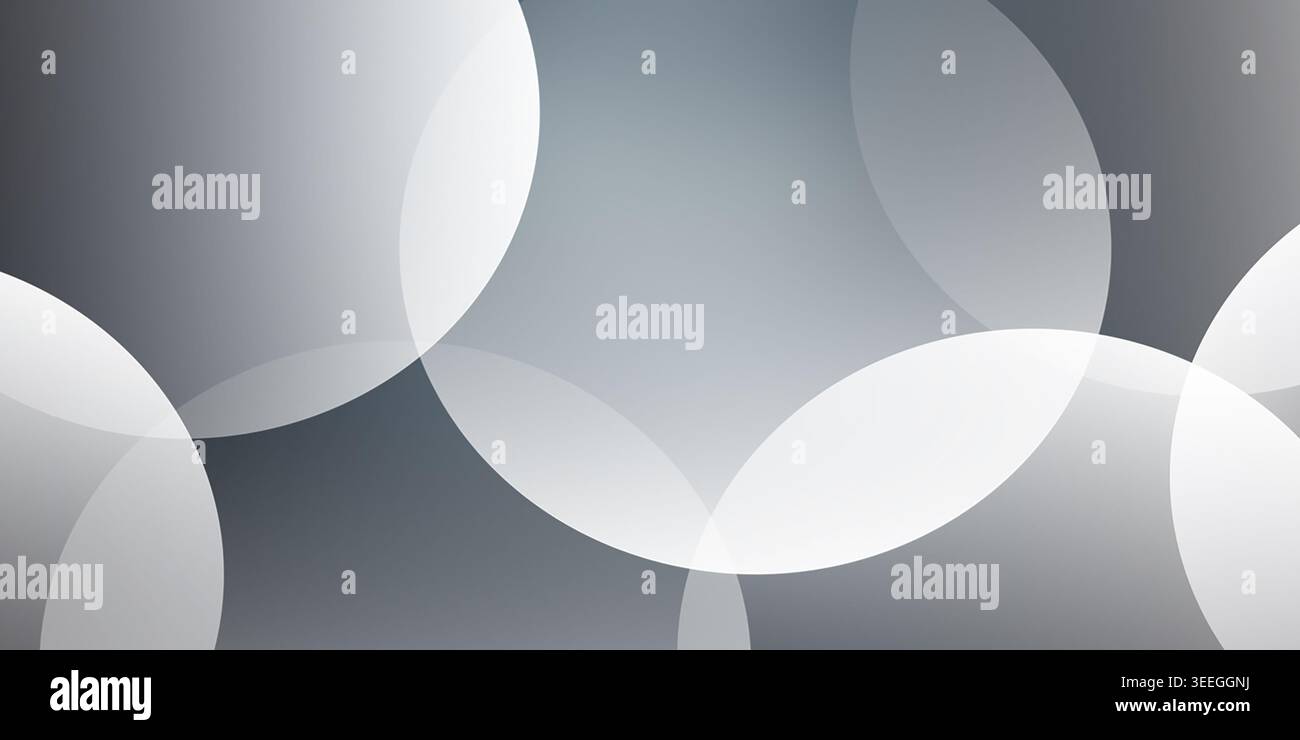 Un arrière-plan abstrait moderne avec plusieurs cercles qui se chevauchent avec différents niveaux de transparence, créant un effet doux et superposé en niveaux de gris Banque D'Images