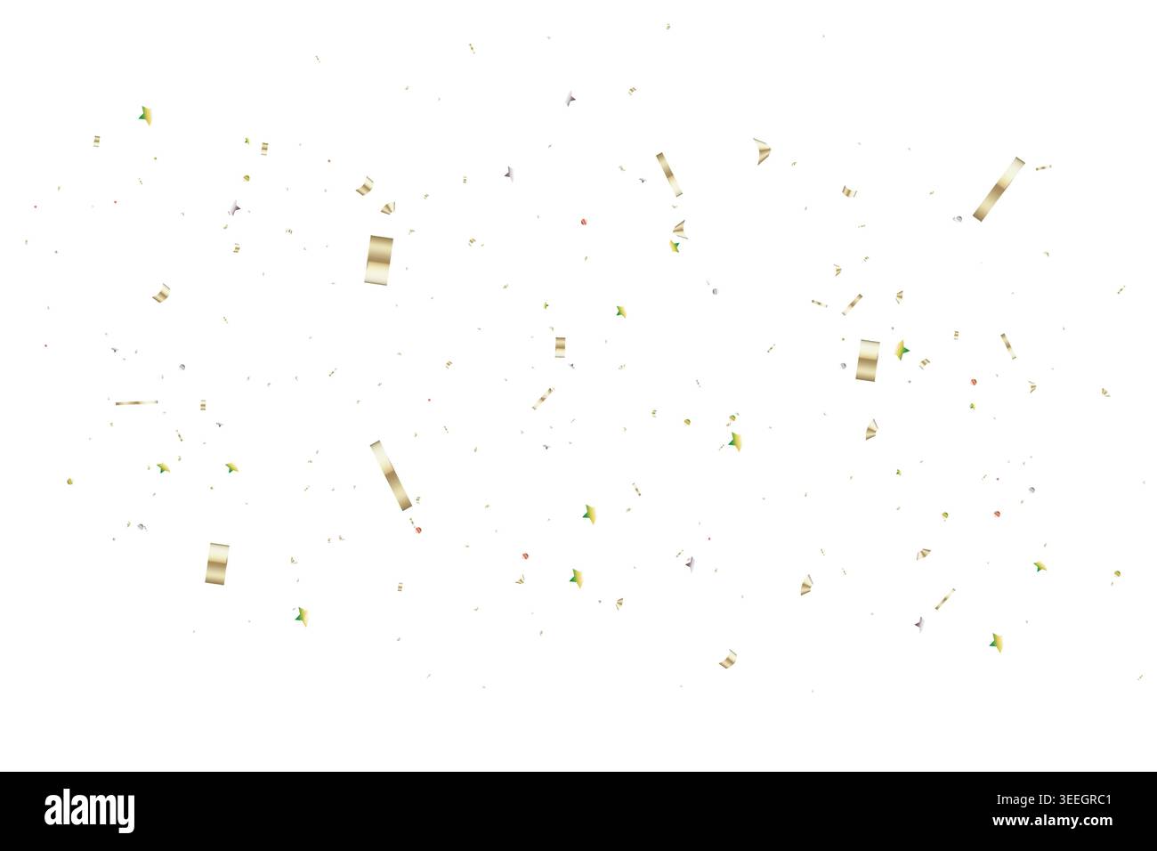 Confettis et rubans dorés luxueux flottent sur un fond blanc propre, créant une ambiance festive et festive. Idéal comme fond de fête ou de célébration Illustration de Vecteur