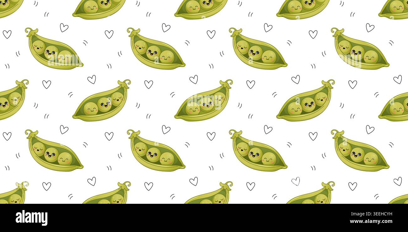 Mignon pois kawaii modèle sans couture avec des personnages de dessins animés de nourriture saine drôles. Illustration de Vecteur