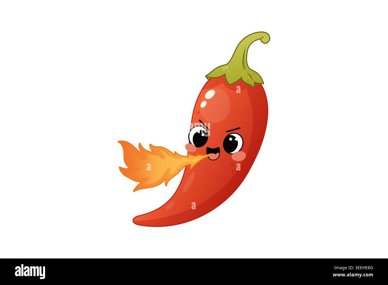 Mignon personnage de piment kawaii avec souffle de feu dans le style drôle de dessin animé de nourriture épicée. Illustration de Vecteur