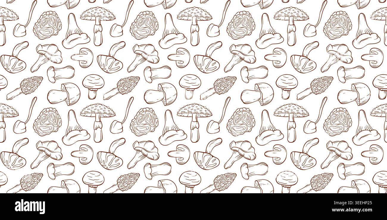 Motif de champignon sans couture avec divers champignons doodle style. Illustration pour impression de tissu, textile, papier d'emballage, papier peint de chambre d'enfants. Illustration de Vecteur