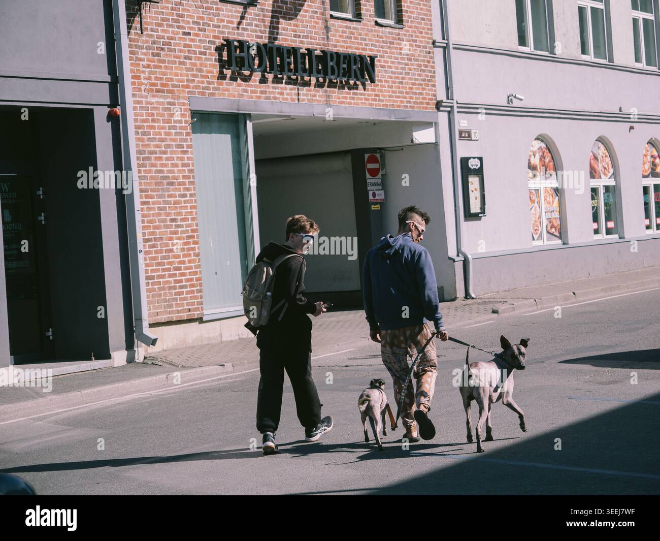 Couple promenant des chiens devant l'Hôtel Bern sur une rue ensoleillée de printemps à Tallinn, Estonie Banque D'Images
