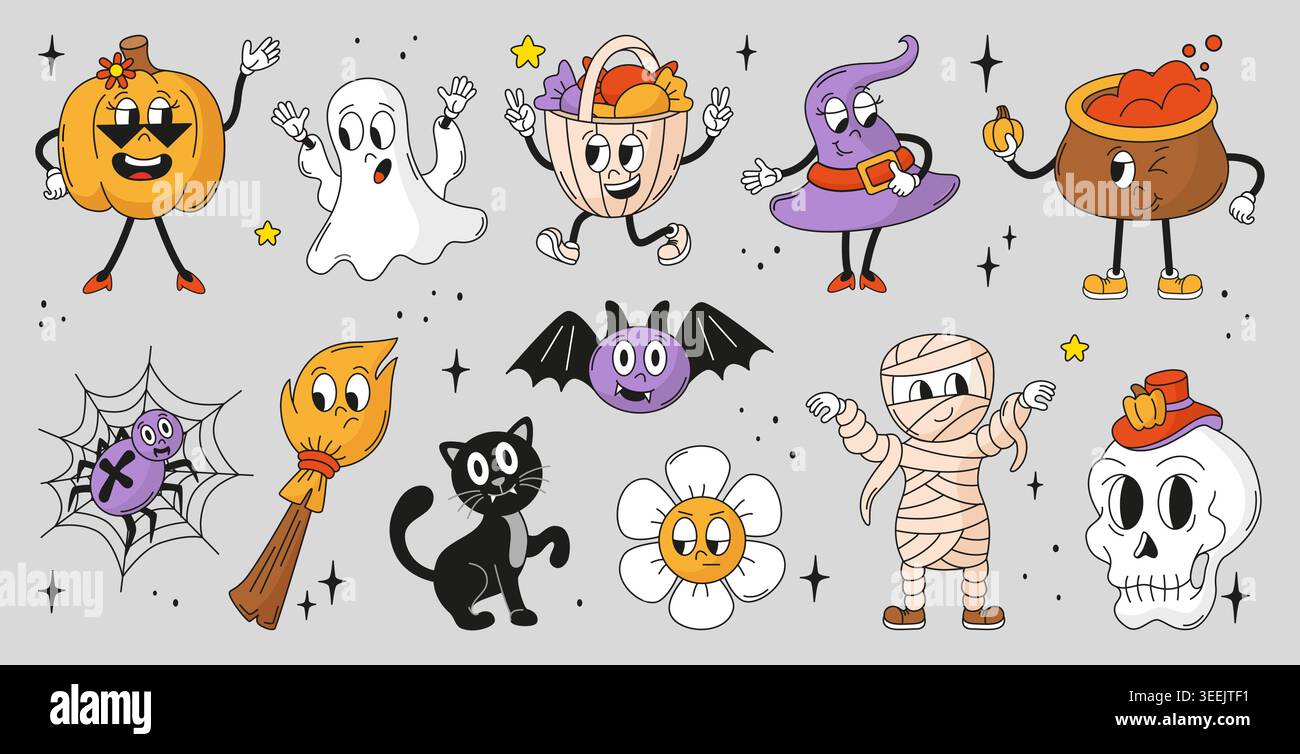 Personnages groovy d'Halloween. Citrouille drôle, chaudron de sorcière, momie, chat noir. Personnage de balai, camomille en colère et fantôme, clipart vecteur néotérique Illustration de Vecteur
