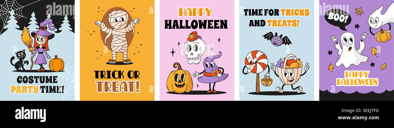 Affiches groovy d'Halloween. Bannières de conception graphique avec des personnages drôles de festival d'automne, toile d'araignée, fantômes. Sorcière de dessin animé de style rétro, citrouille, momie Illustration de Vecteur