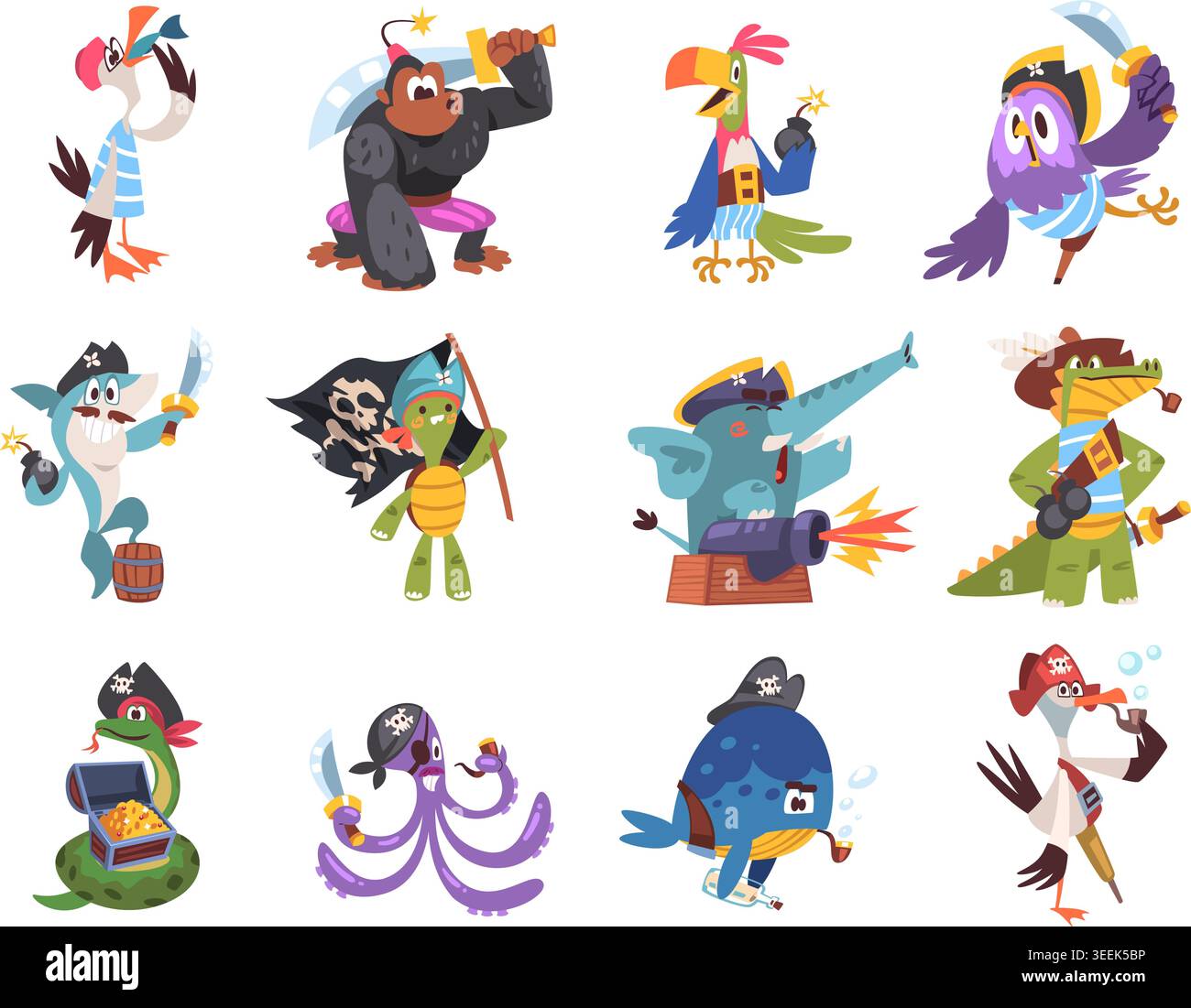 Animaux pirates. Mascotte de corsair animal de bande dessinée, chapeau de capitaine d'éléphant drôle de singe marin mignon enfant pirates costume mer trésor navire aventure personnages Classy illustration vectorielle illustration originale Illustration de Vecteur