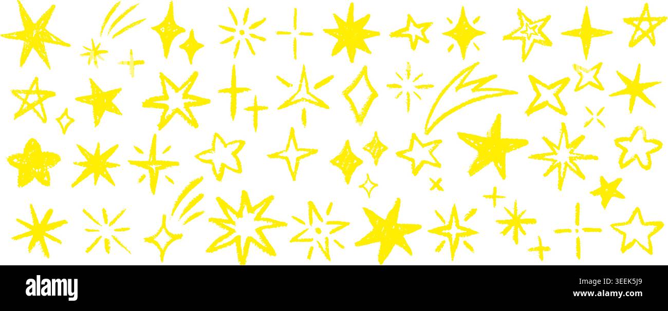 Étoiles de crayon. Scintillant étoile dessinée à la main, scintillement brillant crayon craie pastel crayon enfant dessin texture doodle mignon enfant gribouillage ciel élément magique qualitatif illustration vectorielle illustration originale Illustration de Vecteur