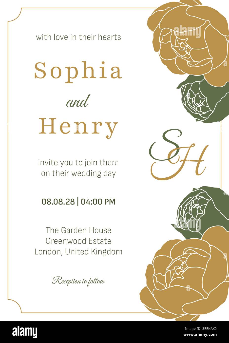 Modèle d'invitation de mariage floral élégant avec monogramme de feuilles vertes de sauge de pivoines d'or et vecteur de mise en page minimaliste Illustration de Vecteur