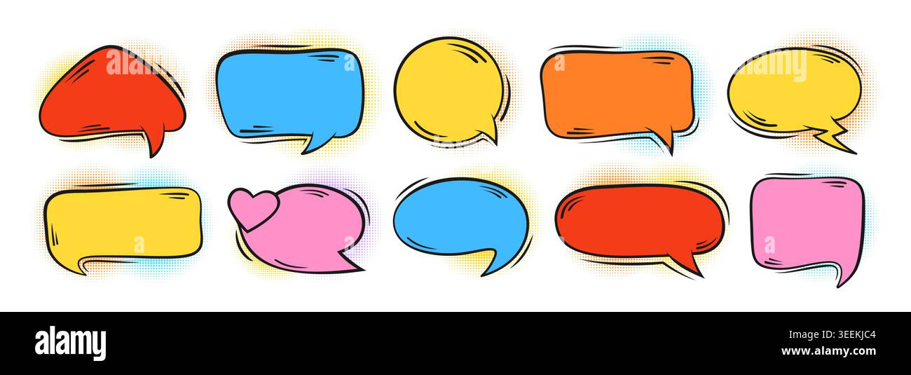 Collection colorée de bulle de discours comique. Zones de texte de dessin animé vierges, nuages de dialogue en demi-teinte, bulles de chat doodle couleurs vives. Cadres vierges pop art pour autocollant, logo, étiquette et bannière. Ensemble de vecteurs Illustration de Vecteur