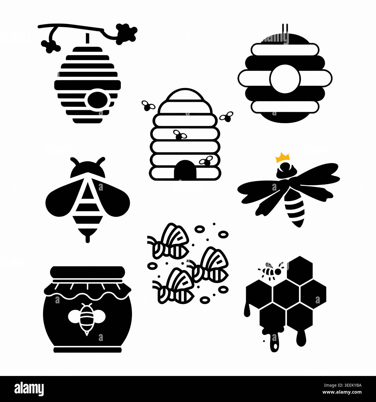 Ensemble d'icônes d'abeilles noires pour la journée mondiale des abeilles avec pot de miel près de la ruche d'abeilles avec des abeilles, nids d'abeilles célébrant la sensibilisation de jour des abeilles, préservation naturelle Illustration de Vecteur