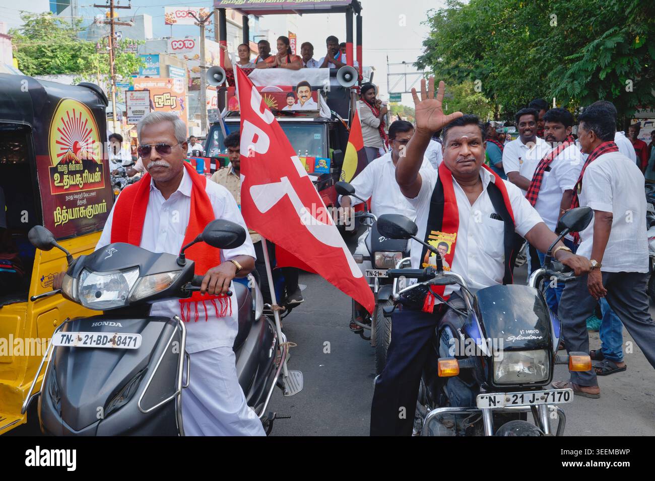 Rassemblement organisé par le Parti communiste du Tamil Nadu à Kanchipuram, Tamil Nadu, en Inde, à l'approche des élections législatives de 2026 Banque D'Images