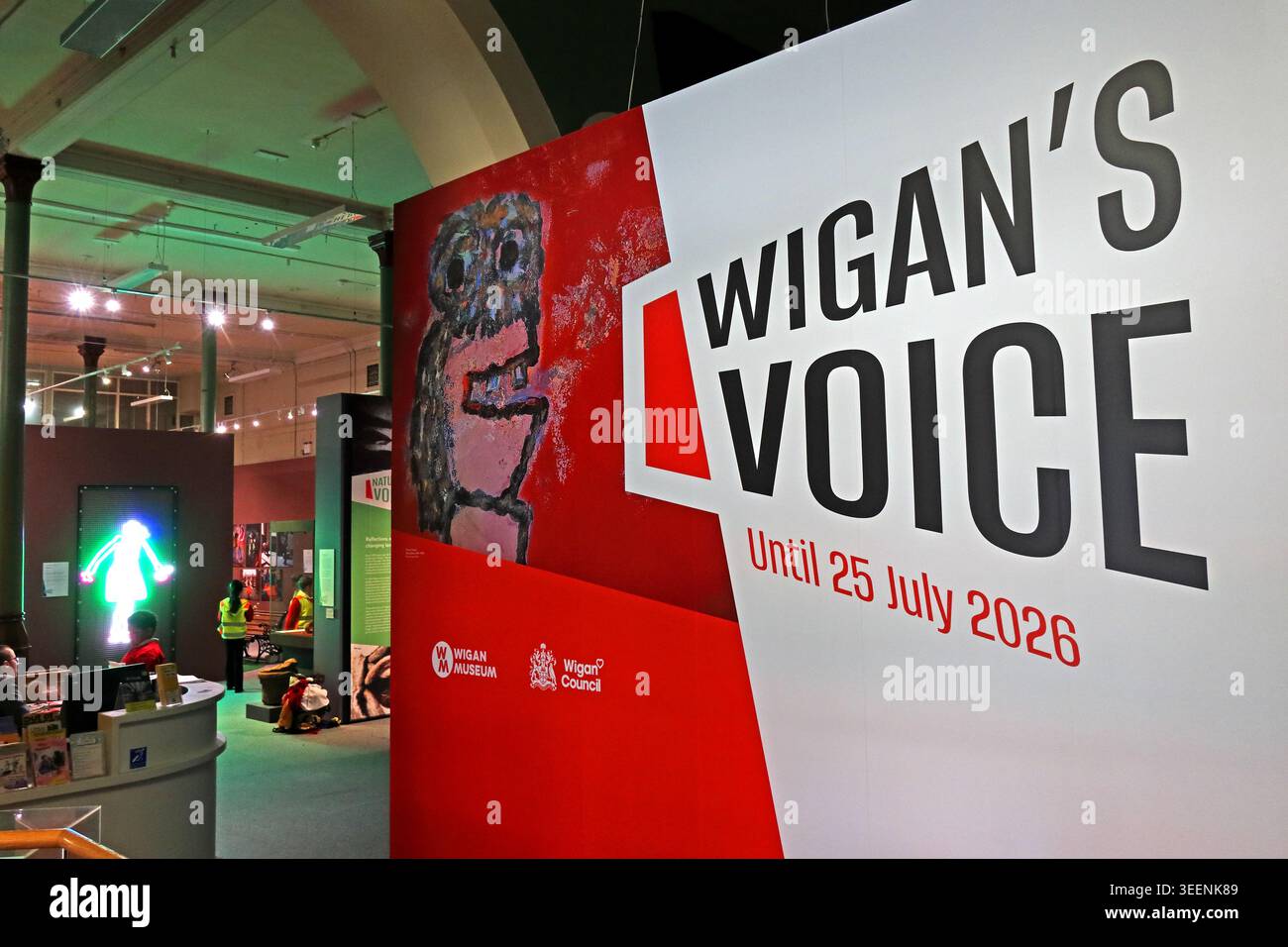 Exposition Wigan’s Voice au Museum of Wigan Life en 2026, compte tenu du contexte supplémentaire des gains électoraux locaux de Major Reform UK. Banque D'Images