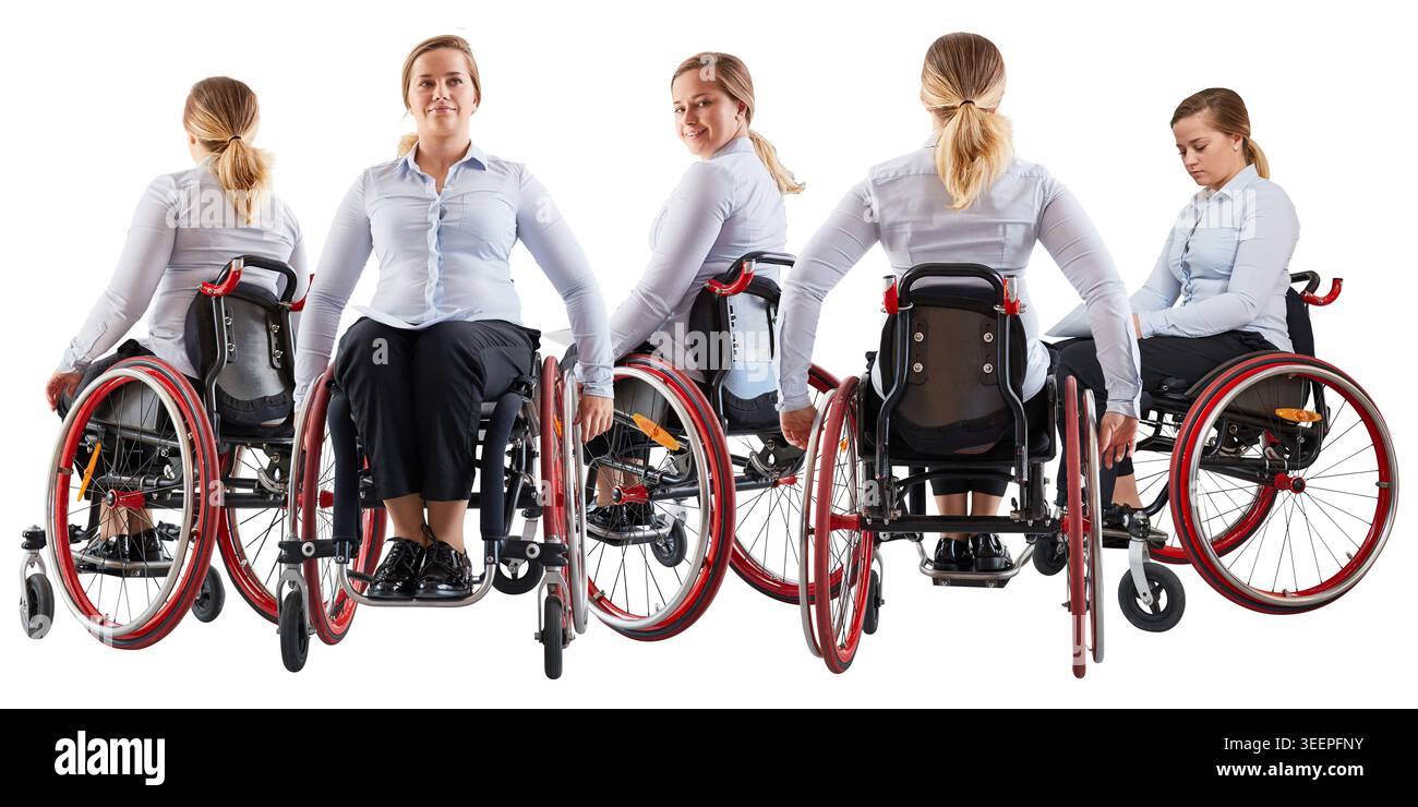 Un collage de portraits représentant une jeune femme — une utilisatrice de fauteuil roulant — au travail et dans sa vie quotidienne. Banque D'Images