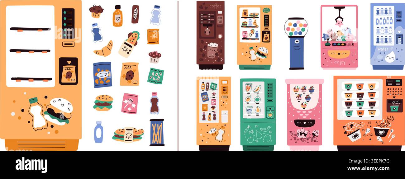 Distributeurs automatiques vendant des collations. Achat de fast-food. Bouteille d'eau, bonbons et jouets. Automate Gashapon. Appareils électroniques avec aliments et boissons Illustration de Vecteur