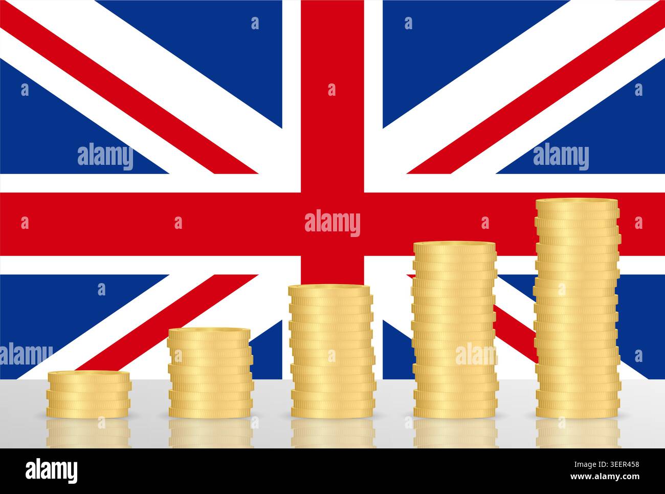 Économie du Royaume-Uni. Drapeau du Royaume-Uni avec coin Stack. Concept financier et d'investissement. Illustration vectorielle. Illustration de Vecteur