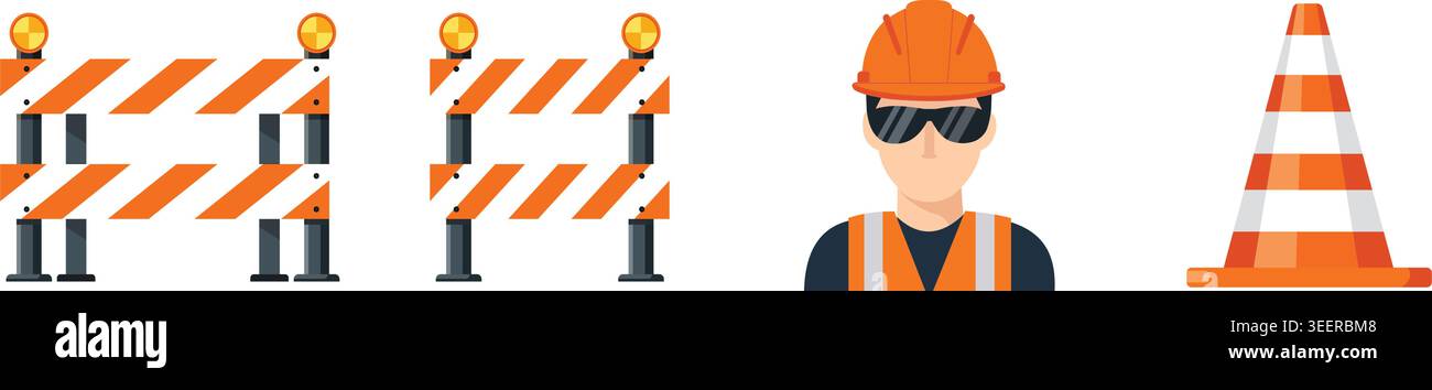 cônes de circulation routière orange barrières de construction barricades et illustration vectorielle plate de sécurité industrielle de travailleur de constructeur masculin Illustration de Vecteur