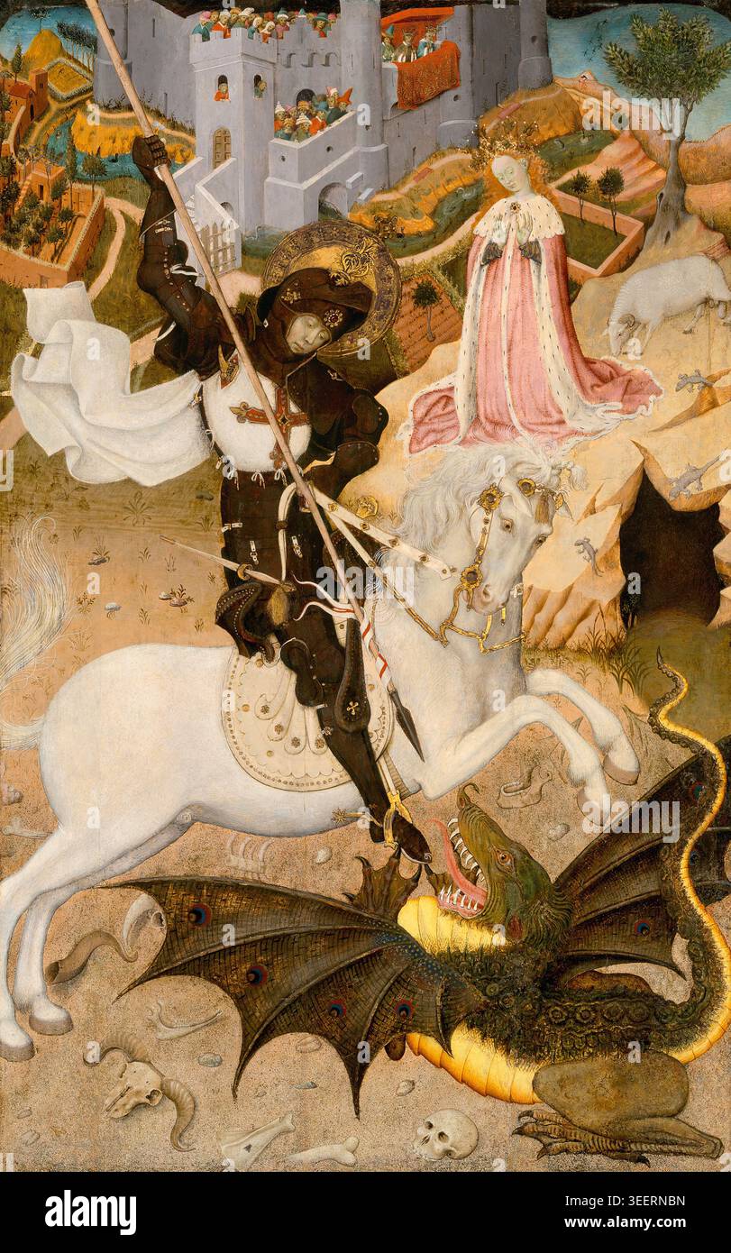 Saint George et le Dragon, 1434-35, par Bernat Martorell, panneau central d'un retable, montrant le saint tuant le dragon devant une foule de spectateurs. Banque D'Images