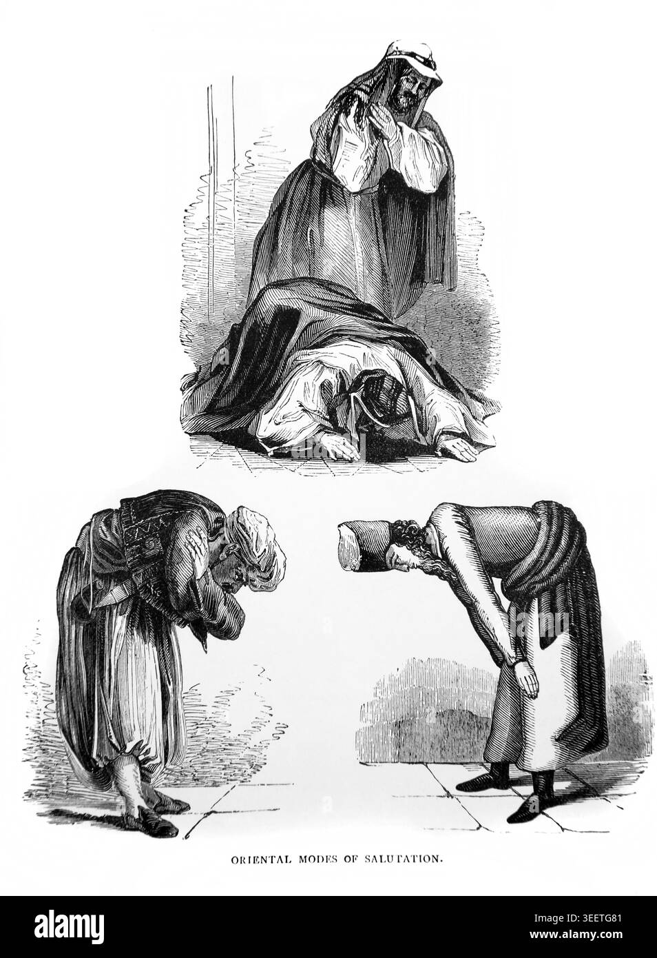 Gravure historique sur bois du moyen-Orient modes de salutations de l'antique 19ème siècle Livre Palestine passé et présent pictural et descriptif C Banque D'Images
