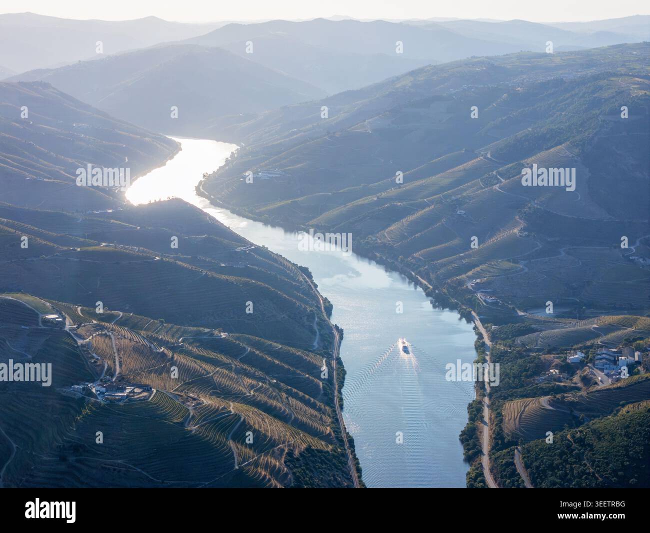 Vue aérienne par drone d'un bateau de croisière touristique voyageant à travers la vallée du Douro entre les collines viticoles en terrasses au Portugal. Banque D'Images