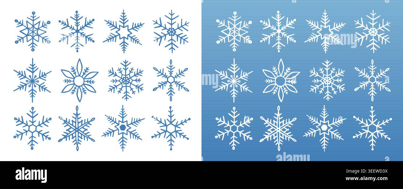 Icône flocon de neige. Placez des flocons de neige bleus isolés sur fond blanc. Esquissez un flocon de neige. Нand dessiné des flocons de neige. Dessiner à la main des étoiles de glace. Dessin d'étoiles hiver Illustration de Vecteur