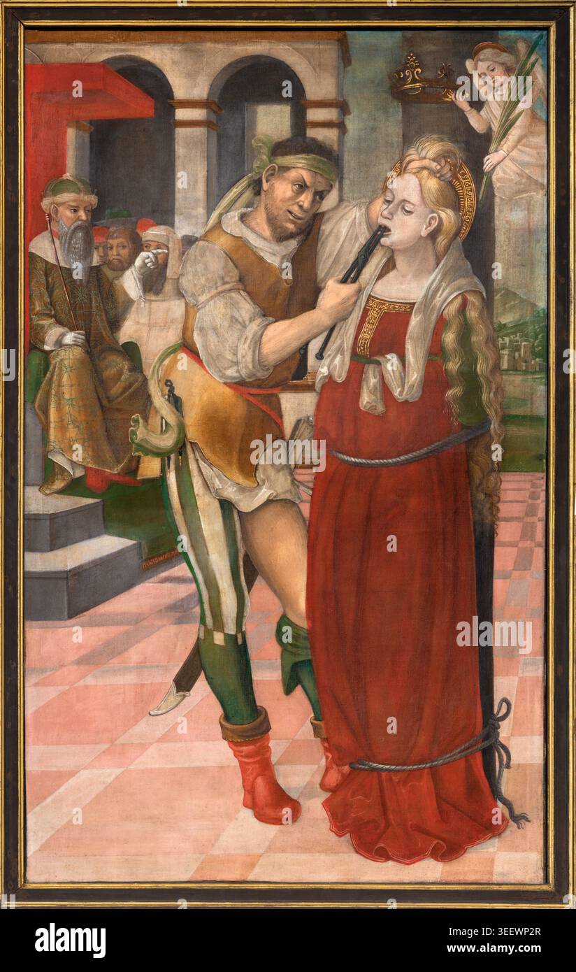 BERGAME, ITALIE - 21 MARS 2026 : la peinture du martyre d'Apollonia dans l'église Chiesa di Santa Agata par un artiste inconnu. Banque D'Images