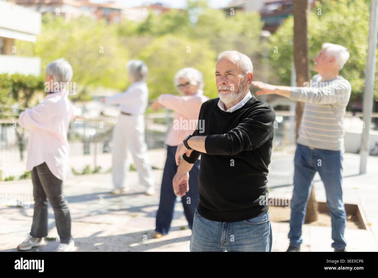 Groupe de personnes âgées pratiquant des exercices de balancement des bras dans la cour Banque D'Images