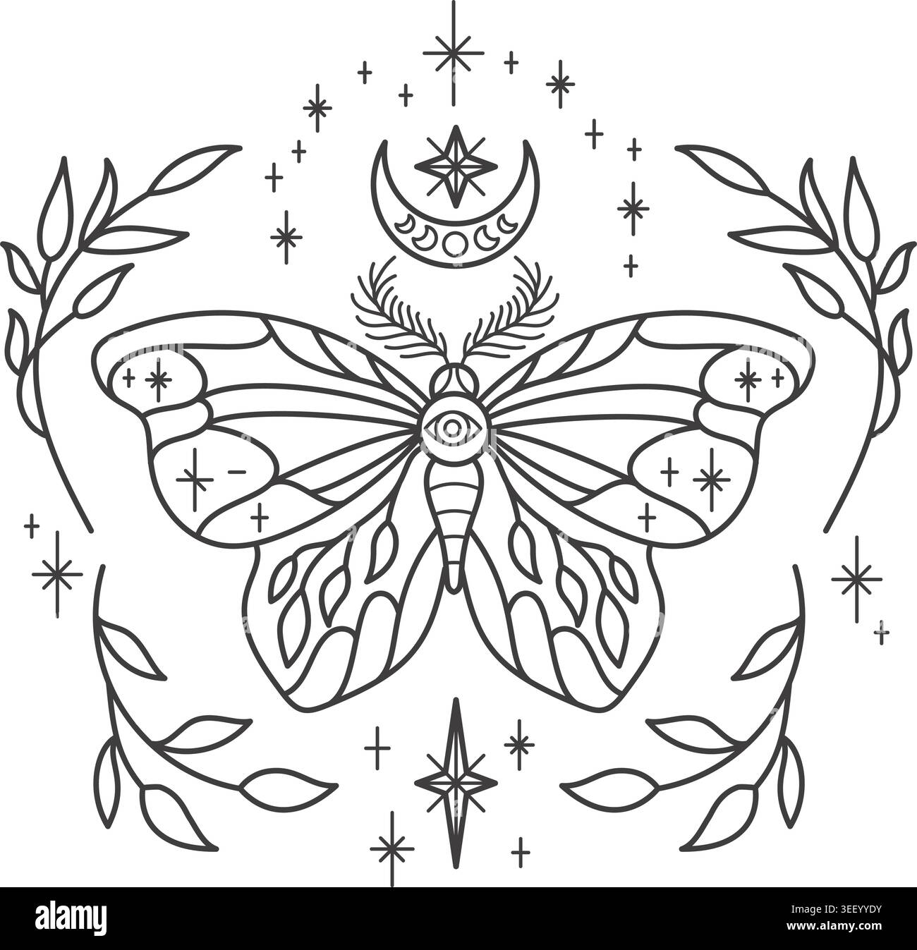 Illustration de papillon céleste avec des lunes en croissant et des étoiles dans le style vectoriel bohème. Dessin au trait magique pour tatouages mystiques, symboles de sorcellerie et luna Illustration de Vecteur