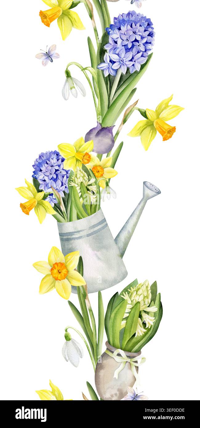 bordure verticale sans couture d'aquarelle sur le thème du printemps, arrosoir de jardin avec des gouttes de neige, papillons volants, jacinthes bleues, jaunes, jonquille, narcisse Banque D'Images